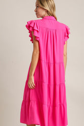 Umgee Full Size Johnny Collar Ruffle Cap Sleeve Tiered Dress Plus Size OutfitFlow